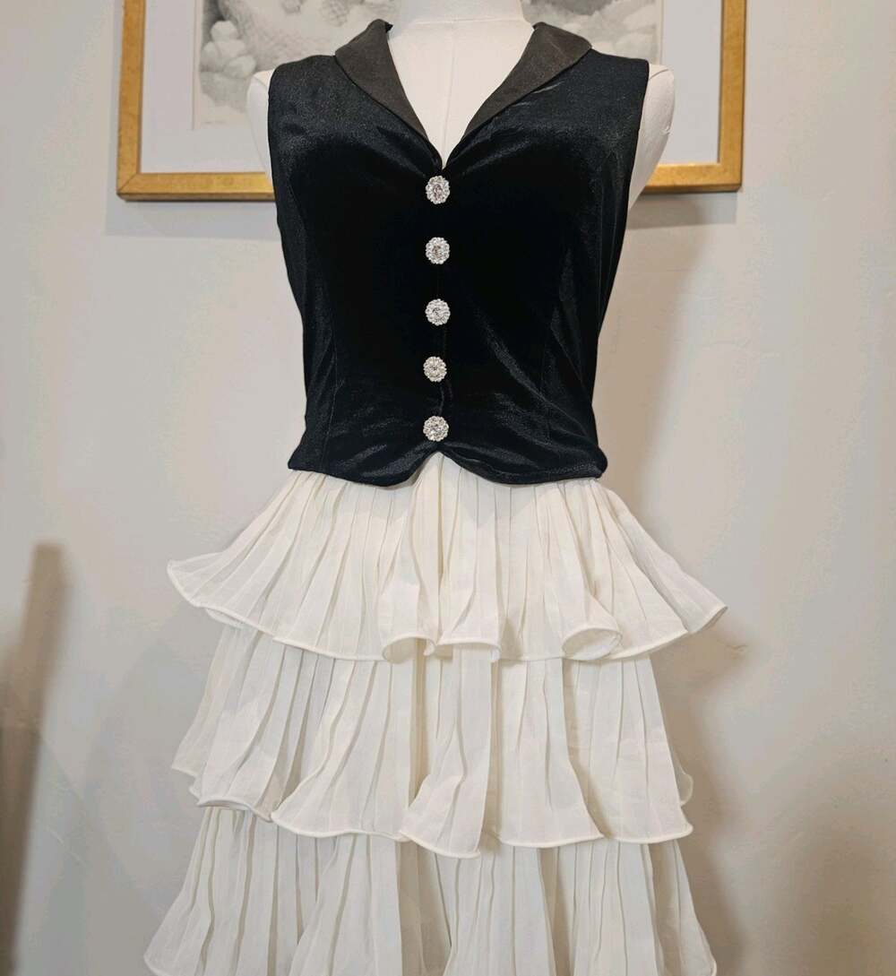 Goth Coquette Black Velvet Tuxedo Rhinestone Cream Tiered Ruffle Mini Dress S